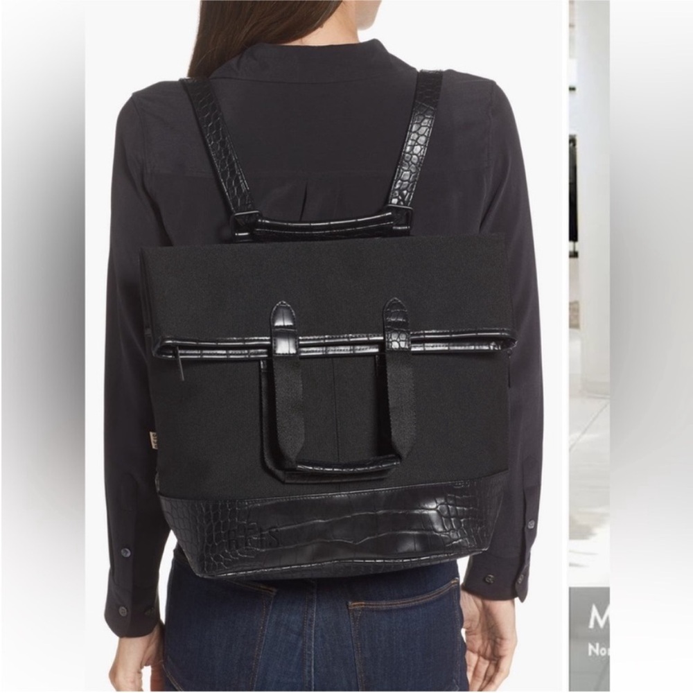 BEIS Convertible Black Backpack with Croc-Embossed Detail